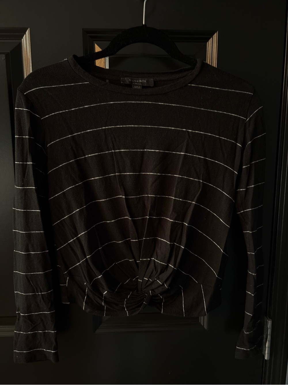 AllSaints Black White Striped Knot Front Long Sleeve Top XS